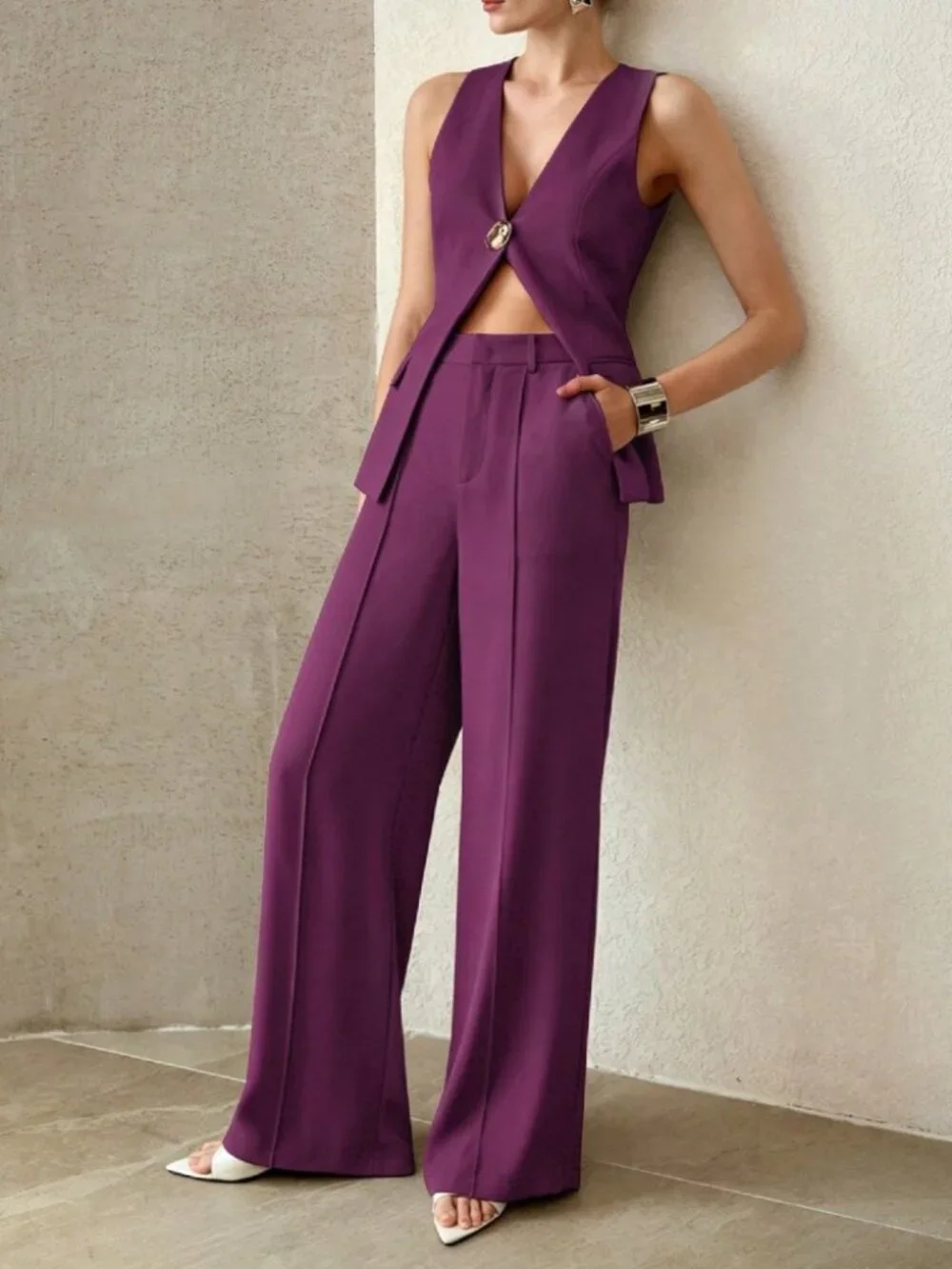 Plum Purple V-Neck Vest & Wide Leg Pants Set